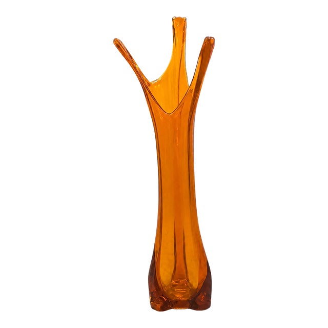 Viking Glass Three Foil Persimmon Swung Vase – Tall Mid-Century Modern Amber Orange Art Glass For Sale