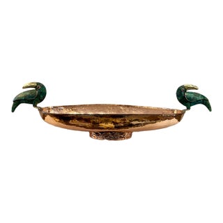 Rare Emilia Castillo Taxco Hammered Copper Toucan Centerpiece Bowl, Signed For Sale