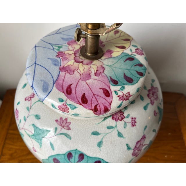 Wood Vintage Classic Tobacco Leaf Ceramic Lamp-Wood Pedestal For Sale - Image 7 of 8