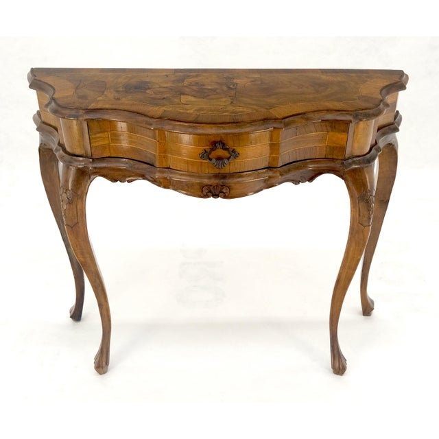Italian One Drawer Thick Burl Olive Wood Veneers Patches Console Table MINT For Sale - Image 12 of 18