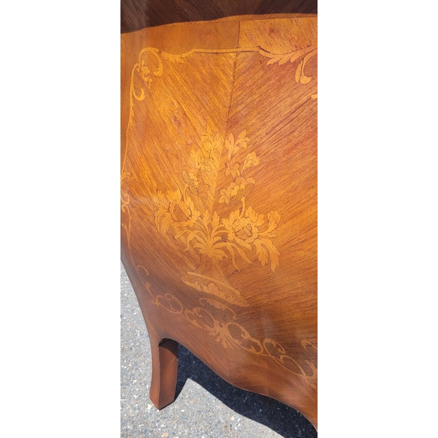 Beautiful French Louis the 15th inlaid marble top Bombay dresser. Features large bulbus size, green marble top, inlaid...