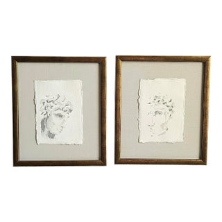Pair of Framed Greek Heads in Watercolor For Sale