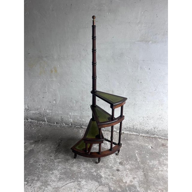 Animal Skin English Wooden Folding Library Steps with Green Leather Treads For Sale - Image 7 of 11