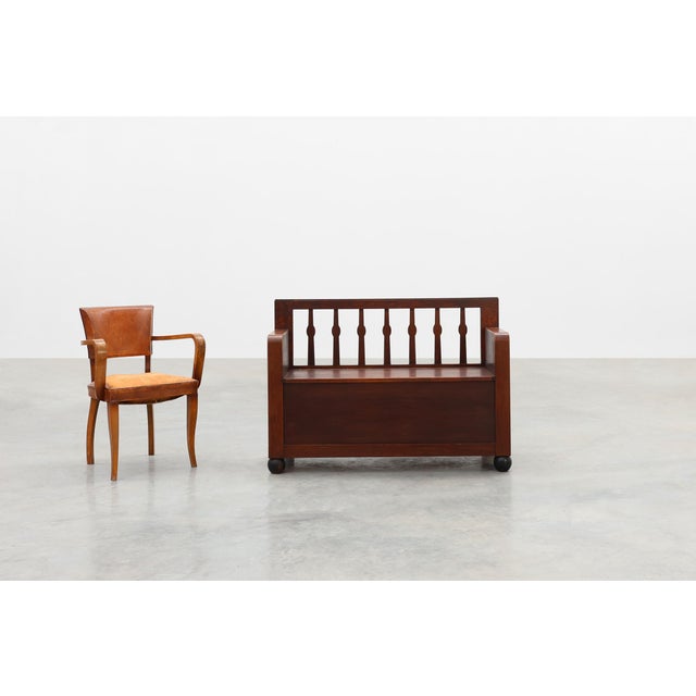 Modern Modernist Art Deco Bench with Lift-Top Storage Seat in Oak, Belgium, 1920s For Sale - Image 3 of 18