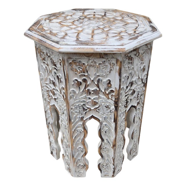 Moroccan Hand Carved Burnt White Wooden Side Table For Sale