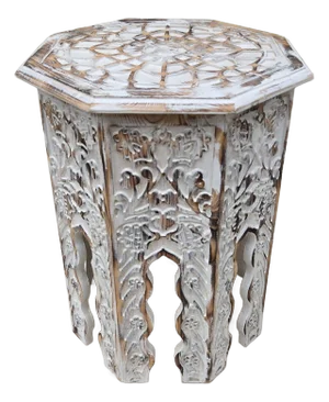 Moroccan Hand Carved Burnt White Wooden Side Table
