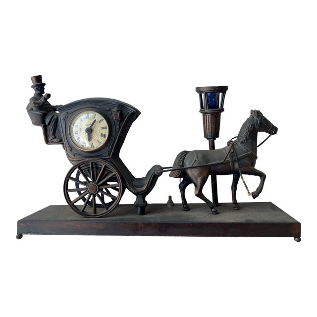 Vintage United Metal Goods Horse Carriage Clock & Lamp For Sale