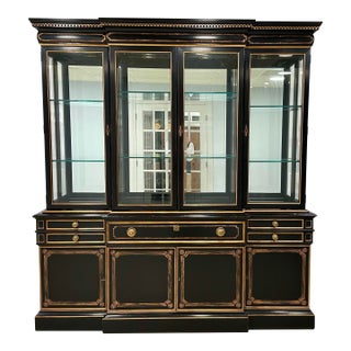 Karges Black & Gilt Lacquered Breakfront Display Cabinet | Neoclassical China Cabinet | Illuminated 90” For Sale