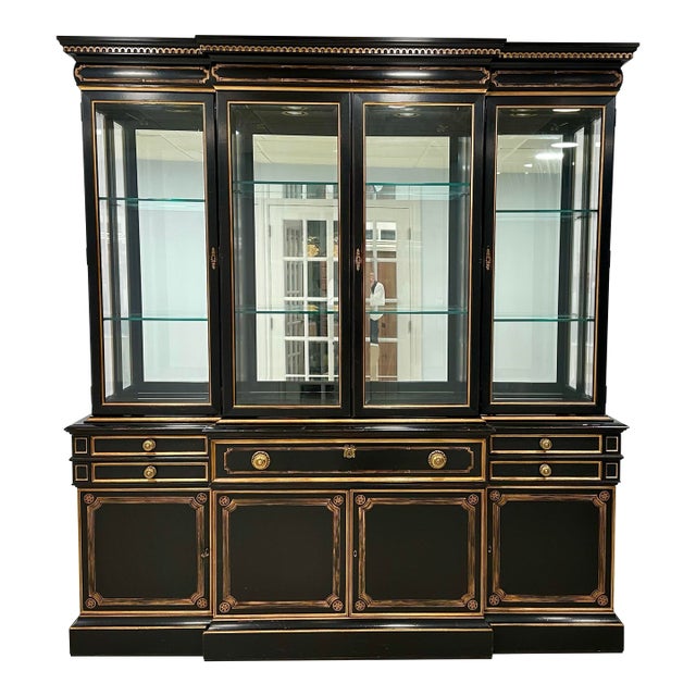 Karges Black & Gilt Lacquered Breakfront Display Cabinet | Neoclassical China Cabinet | Illuminated 90” For Sale