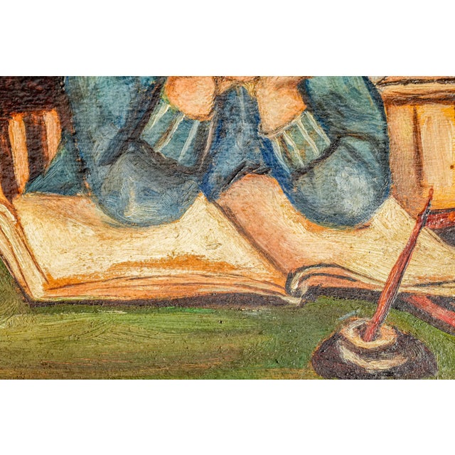 Unusual Antique Framed Oil Painting Portrait Unhappy Student Girl Classroom School For Sale In New York - Image 6 of 11