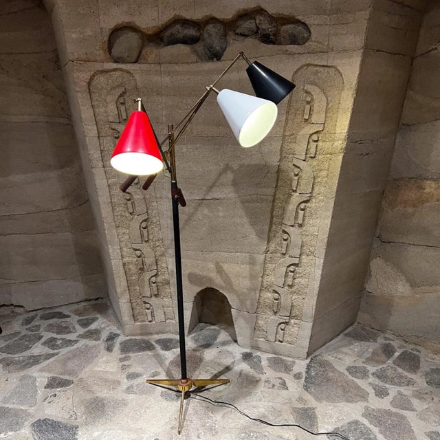 AMBIANIC presents 1958 Style Arredoluce Triennale lamp Italy Gino Sarfatti Brass with original brown leather. Shade is...