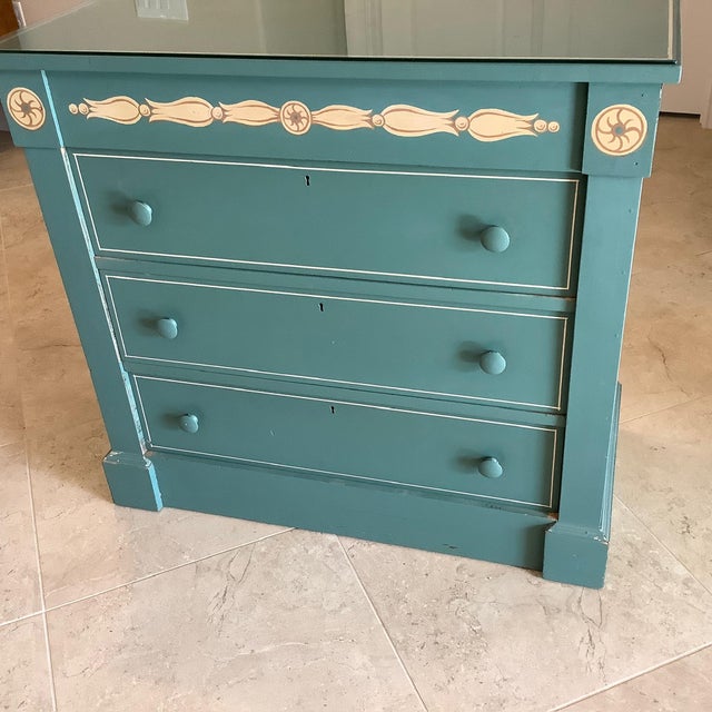 Federal style painted dresser, Teal green with accent pin striping and upper art embellishments. it is believed it was...
