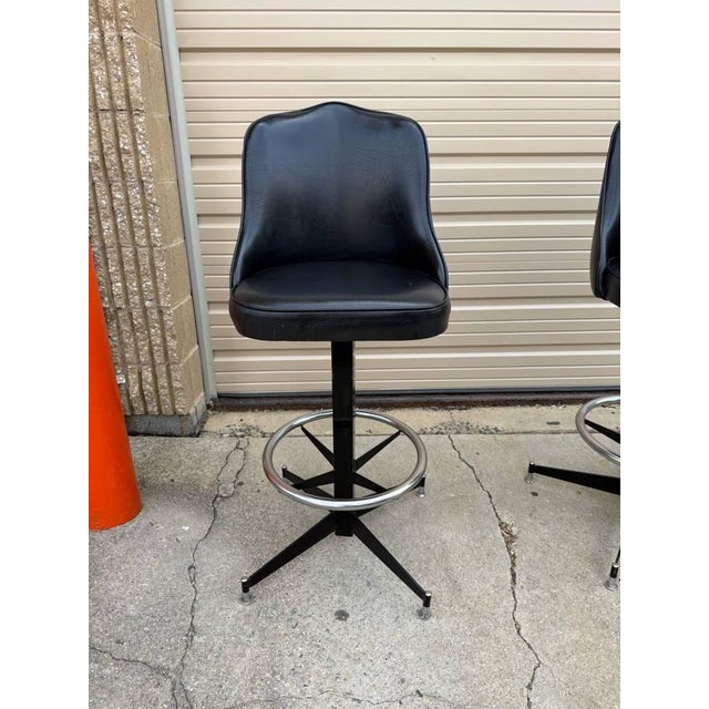 Black Pair of Mid Century Atomic Style Swivel Black Vinyl & Metal Bar Stools by Modern Stool Co. For Sale - Image 8 of 12