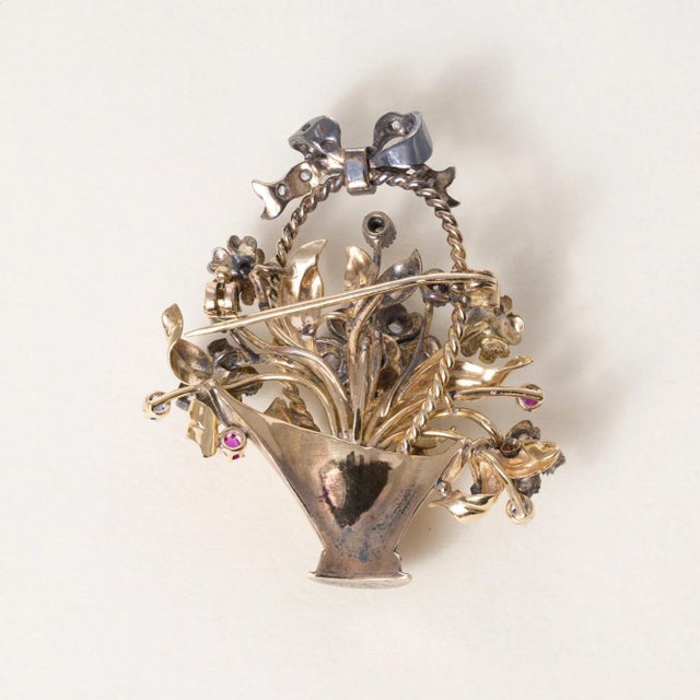 Late 19th Century Victorian 18k and Platinum Gemstone and Antique Diamond Floral Basket Brooch For Sale - Image 4 of 6