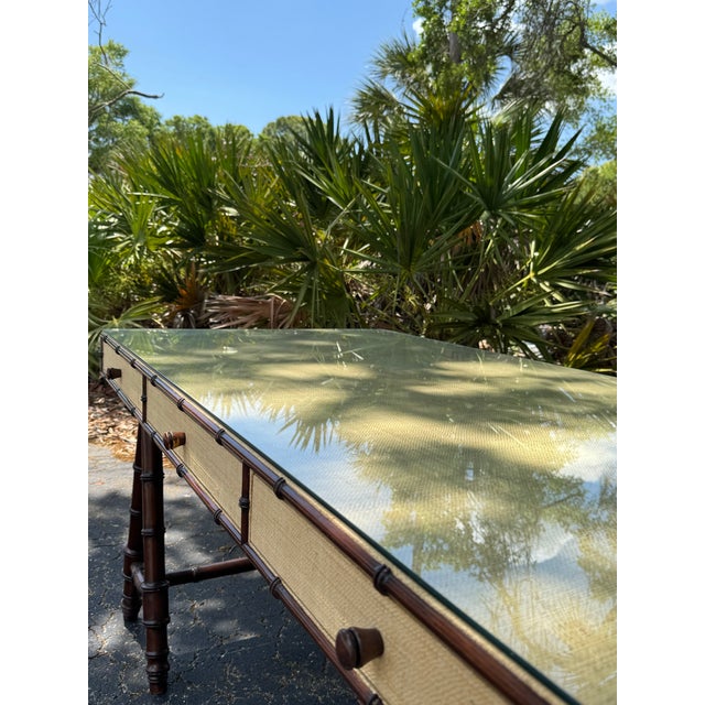 Ornamental & Decorative Materials Williams Sonoma Home Faux Bamboo & Raffia Desk With Glass Top – Coastal Regency Writing Table For Sale - Image 7 of 9