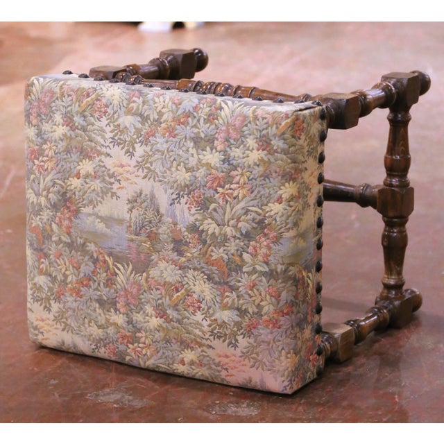 Mid-Century French Louis XIII Style Beechwood Upholstered Stool For Sale - Image 9 of 10