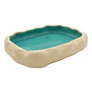 1950s Mid-Century Modern Low Edged Aqua Colored Pond Themed Pottery Candy Dish For Sale