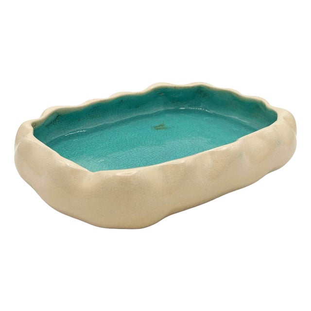 1950s Mid-Century Modern Low Edged Aqua Colored Pond Themed Pottery Candy Dish For Sale