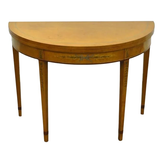 English Adams Style Hand Painted Leather Flip Top Demilune Console Game Table For Sale