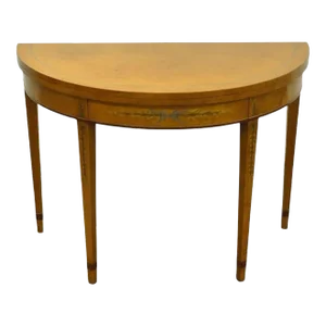 English Adams Style Hand Painted Leather Flip Top Demilune Console Game Table
