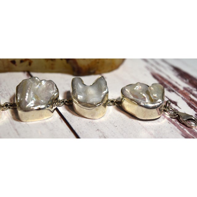 White Freshwater Baroque or Keshi Pearl Sterling Silver Link Bracelet For Sale - Image 13 of 18