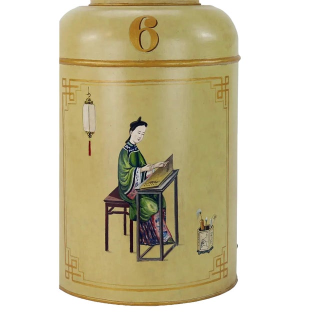 1990s A Pair 1990s British Chinoiserie Hand-Painted Tin Tea Canister Table Lamps For Sale - Image 5 of 11
