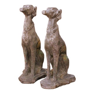 Pair of Vintage French Outdoor Weathered Carved Stone Greyhound Dog Sculptures For Sale