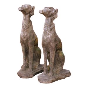 Pair of Vintage French Outdoor Weathered Carved Stone Greyhound Dog Sculptures