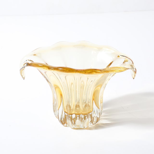 Mid-Century Hand-Blown Murano Citrine Glass Vase With Fluted Curved Opening For Sale - Image 4 of 13