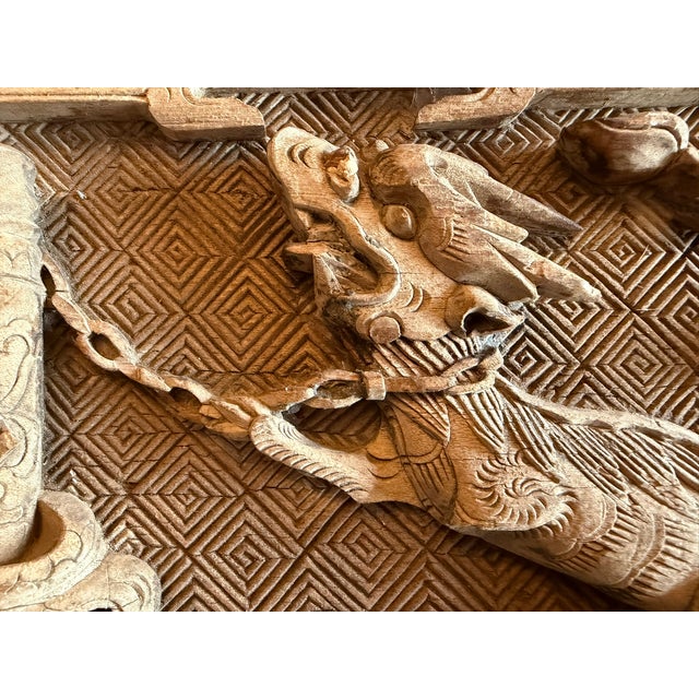 Antique Chinese Carved Wood Panel of Two Mythyical Creatures For Sale - Image 9 of 15