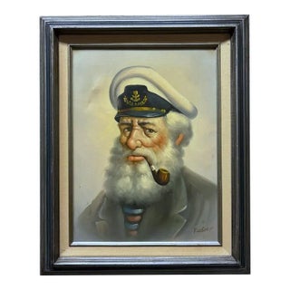 Vintage Mid-Century Oil Painting of a Sea Captain With Pipe, Signed Rudder, C. 1965 For Sale