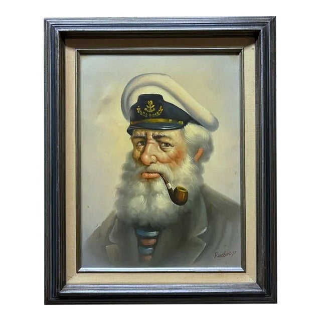 Vintage Mid-Century Oil Painting of a Sea Captain With Pipe, Signed Rudder, C. 1965 For Sale