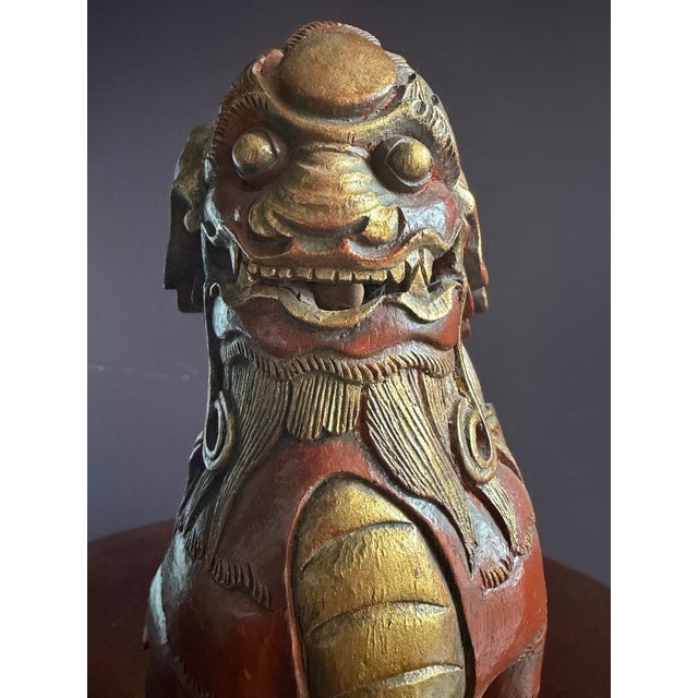 Wood Chinese Very Unusual and Rare Carved Wood Foo Dog /Dragon Sculpture Sang De Boeuf Red With Gold Highlighting. For Sale - Image 7 of 10