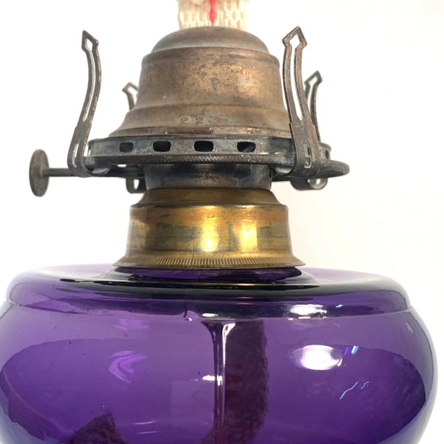 Amethyst Late 19th Century Tall Amethyst Glass Oil Lamp With Brass Burner For Sale - Image 8 of 12
