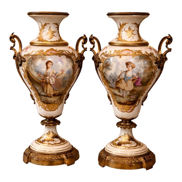19th Sevres Louis XVI Gilt Porcelain Bronze Vases Pair For Sale