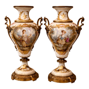 19th Sevres Louis XVI Gilt Porcelain Bronze Vases Pair