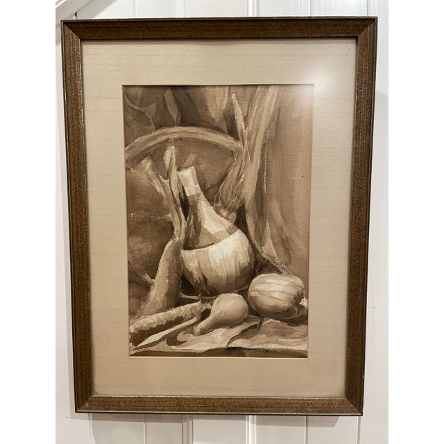 Neutral Stilllife Painting Unsigned - Creams and Browns, Bottle and Veggies Back is duct taped on, but otherwise in great...