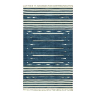 Rug & Kilim's Modern Dhurrie Rug in Blue with White Stripes & Geometric Patterns - 14x20 For Sale