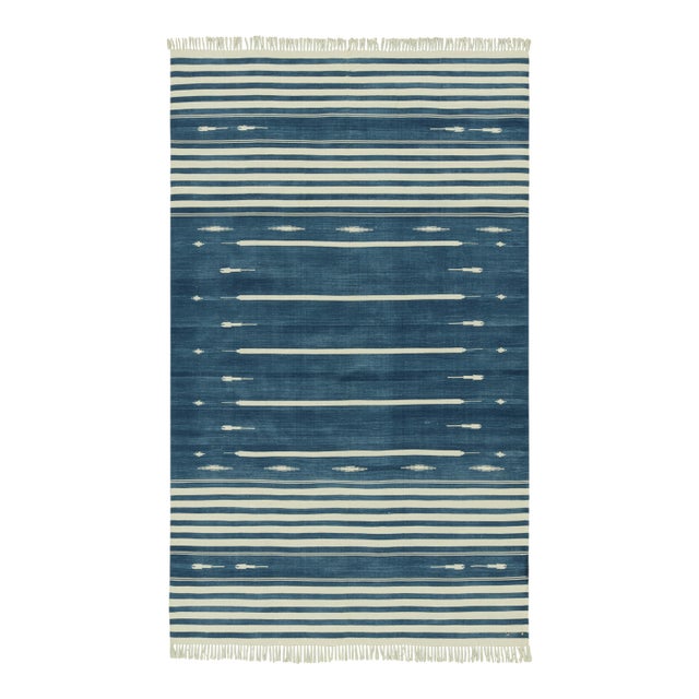 Rug & Kilim's Modern Dhurrie Rug in Blue with White Stripes & Geometric Patterns - 14x20 For Sale
