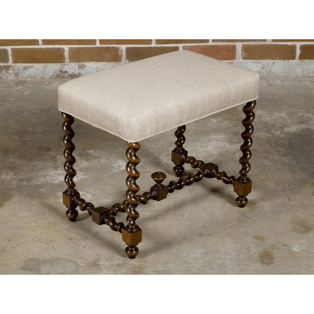 English Barley Twist English 19th Oak Stool with Cross Stretcher and Custom Upholstery For Sale - Image 3 of 11