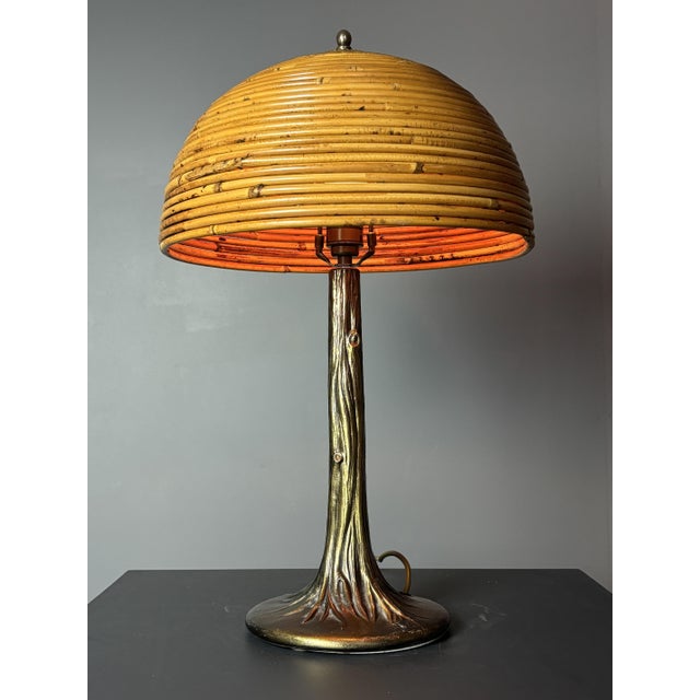 Mid-Century Pencil Reed Rattan Bamboo and Brass Table Lamp, 1970s For Sale - Image 10 of 17