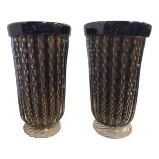 Elegant Pair of Murano Black & Gold Vases by Pino Signoretto. Italy, 1960's. For Sale