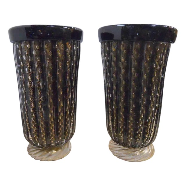Elegant Pair of Murano Black & Gold Vases by Pino Signoretto. Italy, 1960's. For Sale