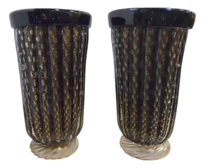 Elegant Pair of Murano Black & Gold Vases by Pino Signoretto. Italy, 1960's.