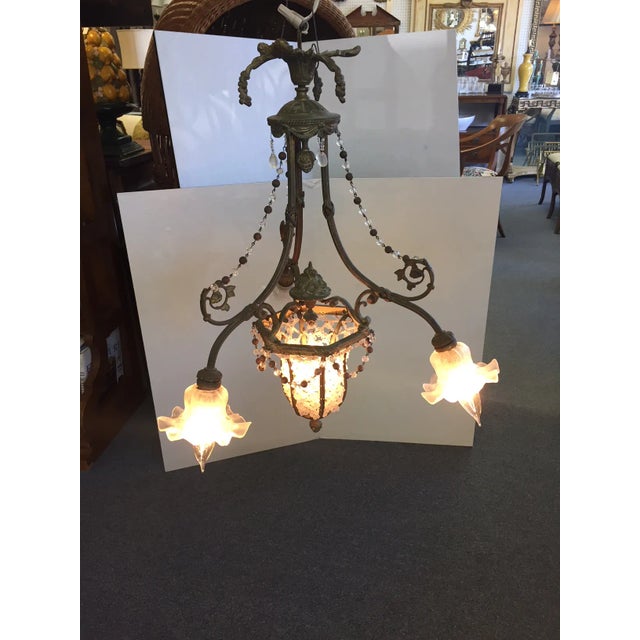 Gold Early 1900's Gothic Style Glass and Bronze Flower Chandelier For Sale - Image 8 of 11