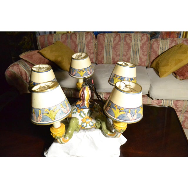 Mediterranean Vintage Portuguese Chandelier Fábrica Sant'Anna Ceramic Art 5 Light W/Chain For Sale - Image 3 of 15