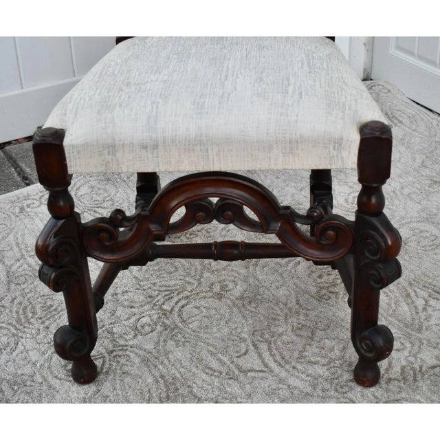 Jacobean Walnut Accent Chair Carved High Back Jacobean Style William & Mary Stretcher 80s For Sale - Image 3 of 12