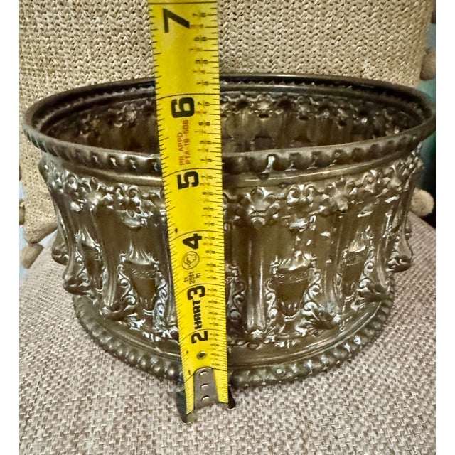 Antique French Revival Repoussé Brass Jardinière Cachepot, Embossed Classical Urn Motif Planter C 1890–1915 For Sale - Image 10 of 11