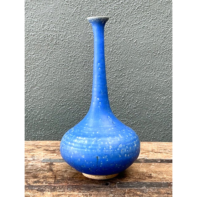 Vintage Tall Blue Ceramic Vase For Sale - Image 9 of 12