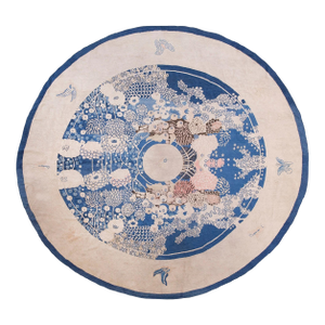 Pretty Floral Design in a Ivory Field & Navy Border Color Antique Round Chinese Peking Rug